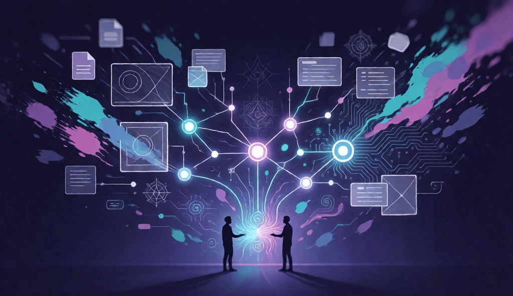 Two people facing each other across a spray of connected notes and documents